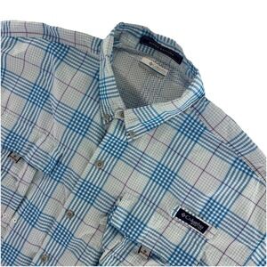 Columbia PFG Outdoors Vented Fishing Shirt Mens XL Blue Plaid Short Sleeve